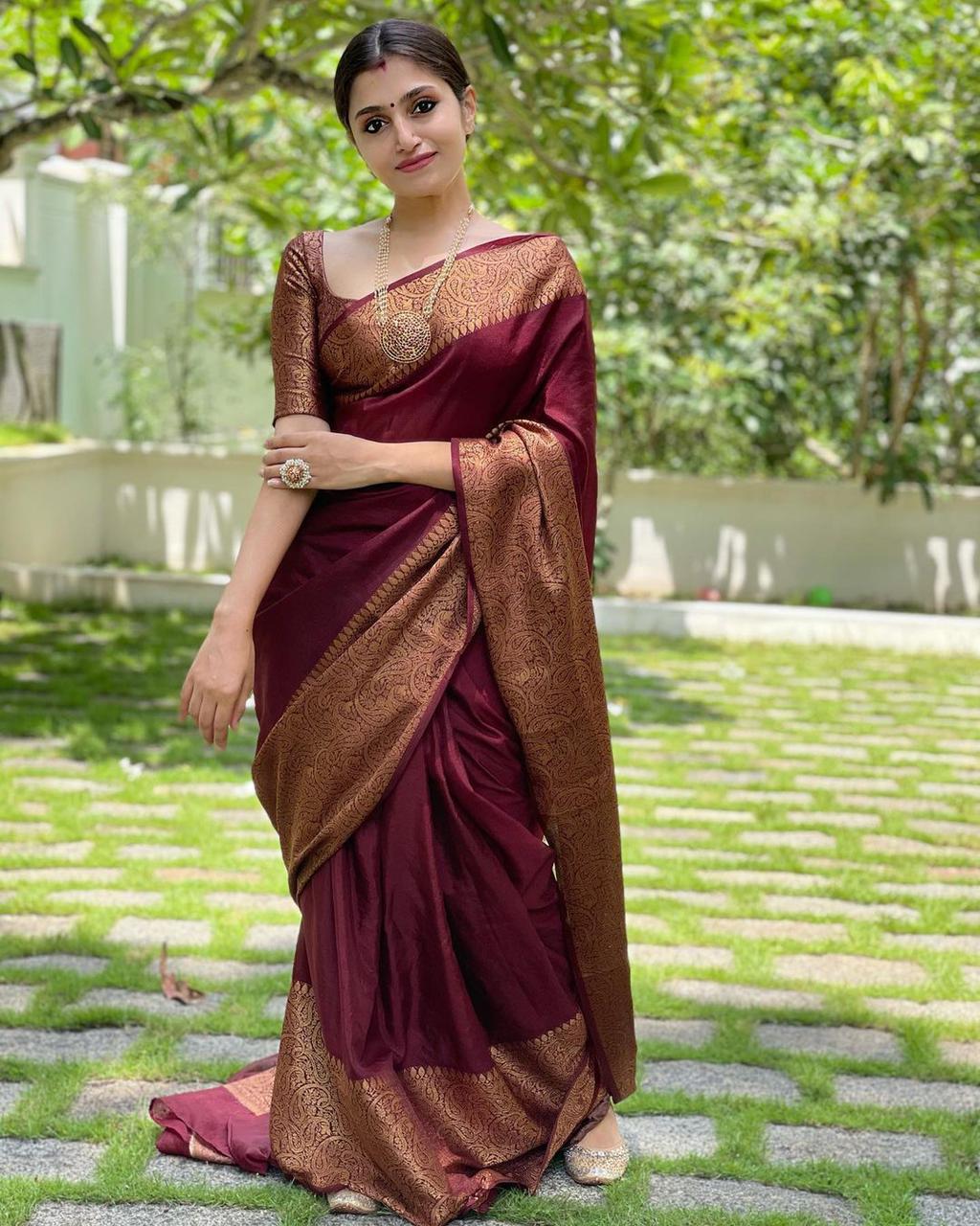 Wonderful Wine Soft Silk Saree With Exuberant Blouse Piece