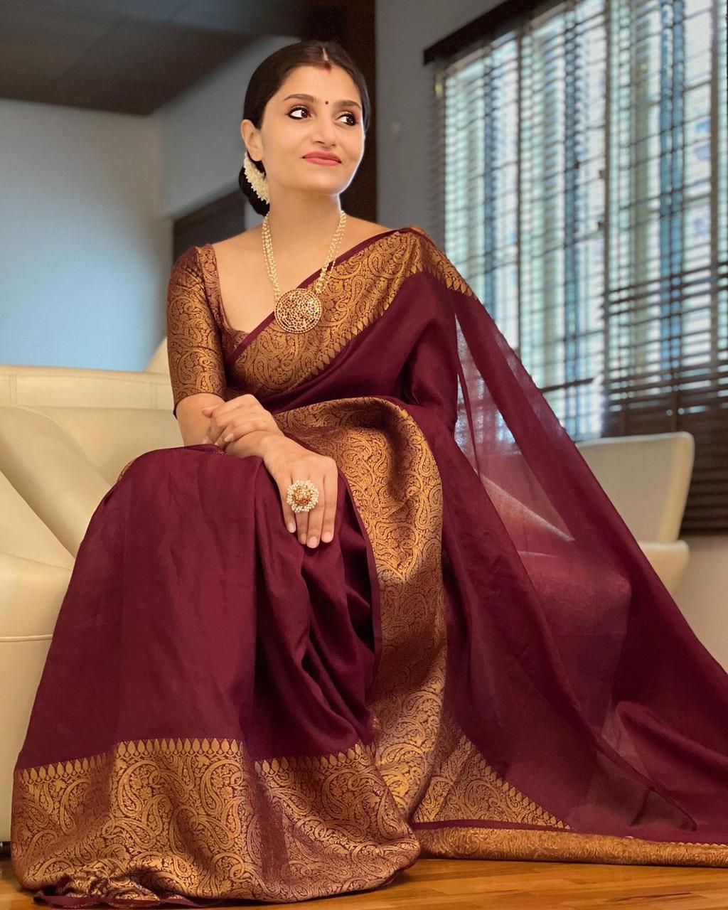 Wonderful Wine Soft Silk Saree With Exuberant Blouse Piece