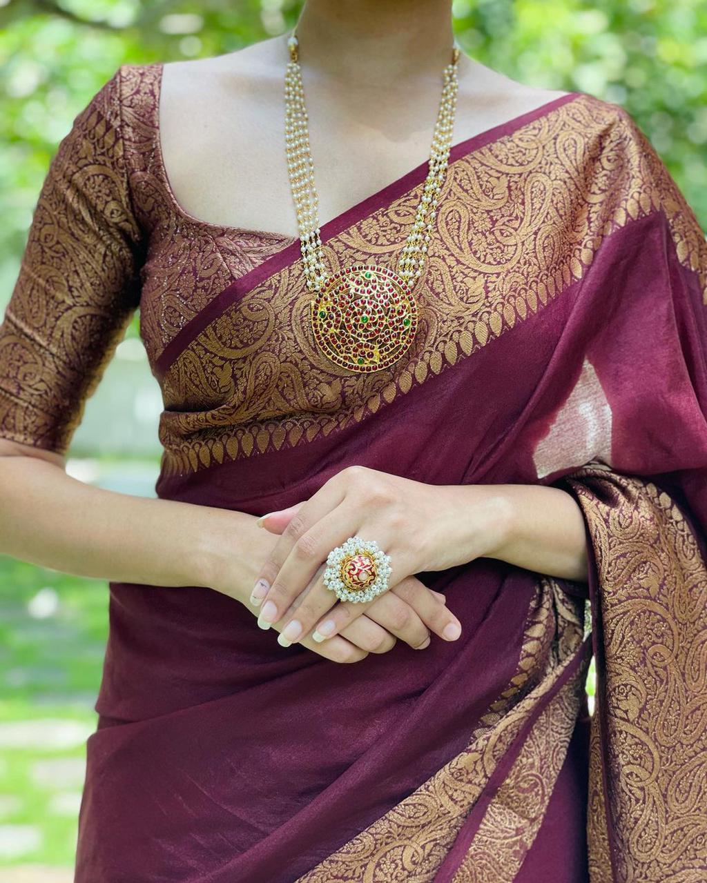 Wonderful Wine Soft Silk Saree With Exuberant Blouse Piece