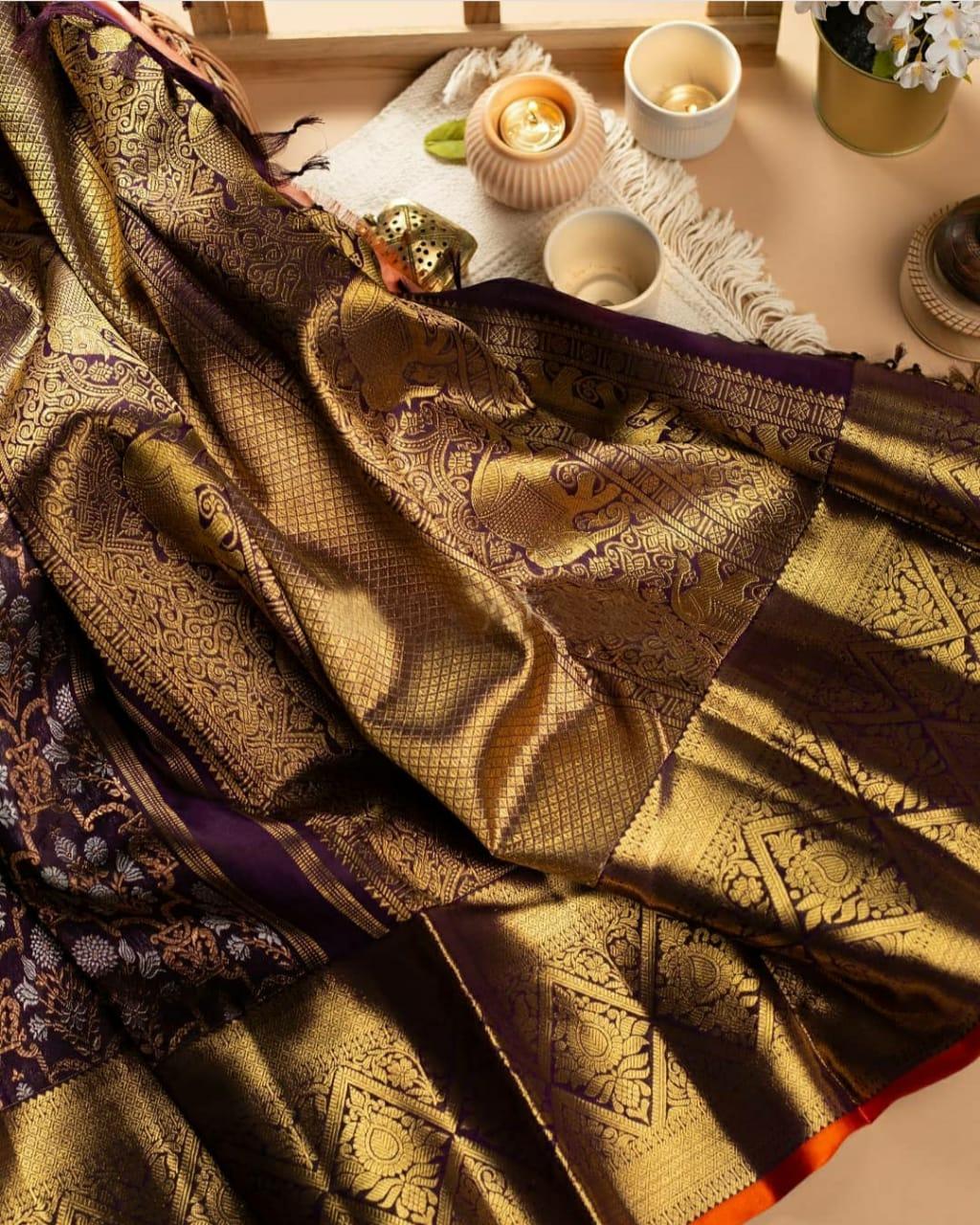 Hypnotic Wine Soft Banarasi Silk Saree With Classic Blouse Piece