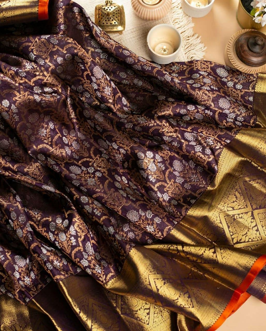 Hypnotic Wine Soft Banarasi Silk Saree With Classic Blouse Piece