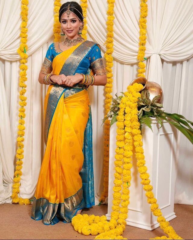 Unequalled Yellow Soft Banarasi Silk Saree With Delightful Blouse Piece