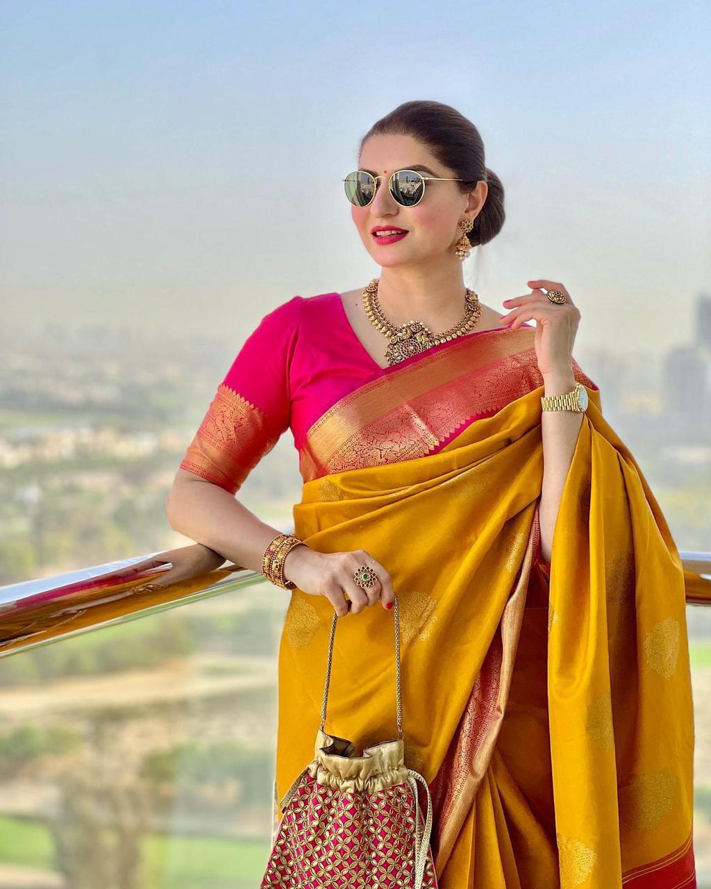 Panoply Yellow Soft Banarasi Silk Saree With Groovy Blouse Piece