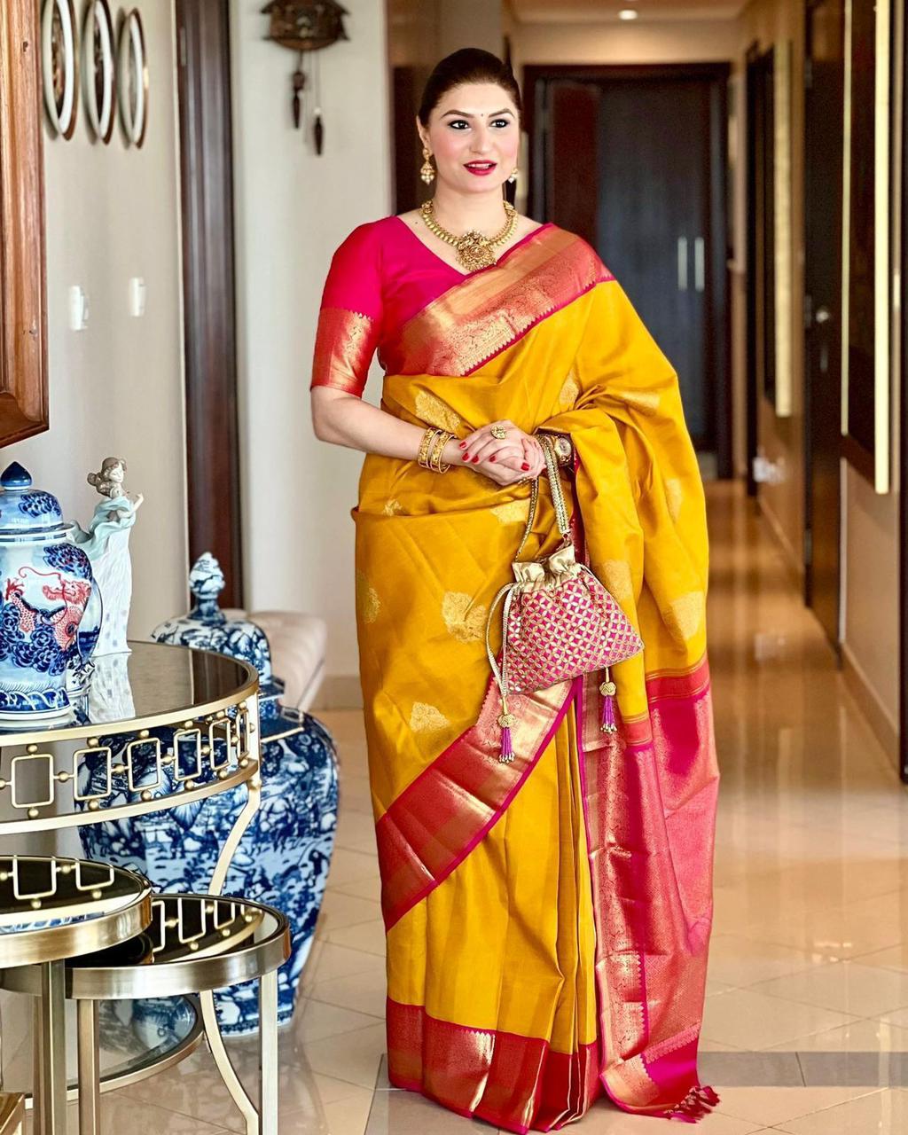 Panoply Yellow Soft Banarasi Silk Saree With Groovy Blouse Piece
