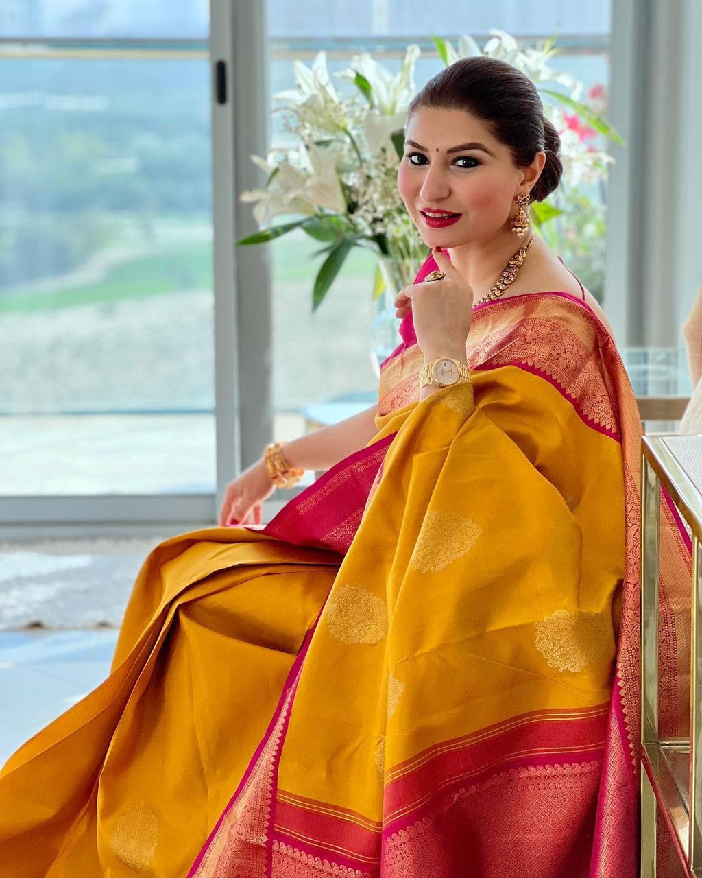 Panoply Yellow Soft Banarasi Silk Saree With Groovy Blouse Piece