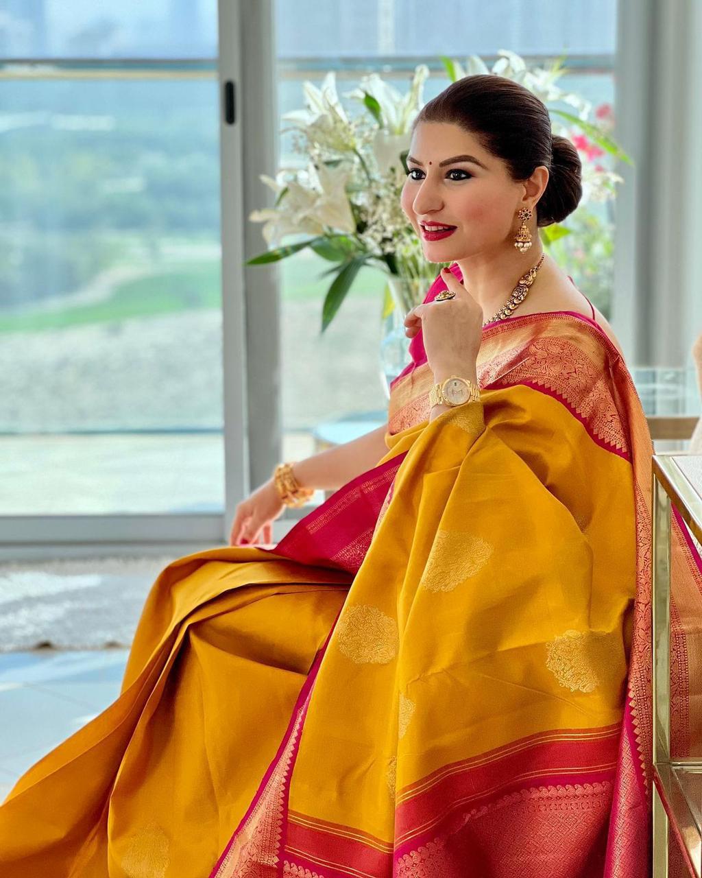 Panoply Yellow Soft Banarasi Silk Saree With Groovy Blouse Piece