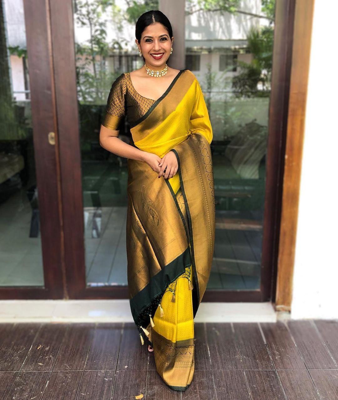 Conflate yellow Soft Banarasi Silk Saree With Radiant Blouse Piece