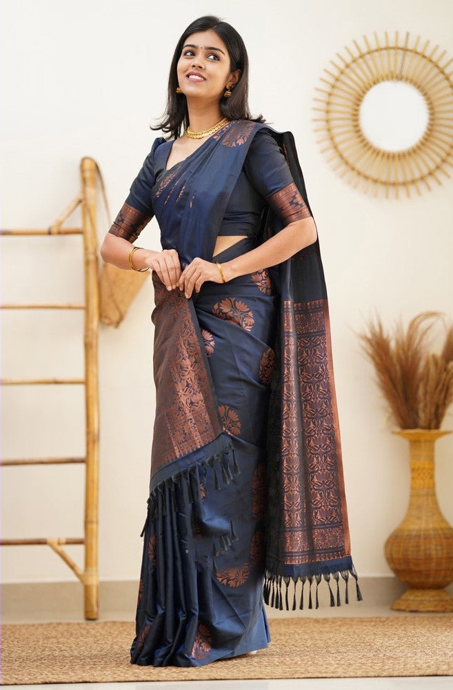 Most Flattering Navy Blue Soft Silk Saree With Breathtaking Blouse Piece