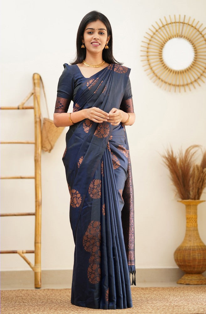 Most Flattering Navy Blue Soft Silk Saree With Breathtaking Blouse Piece