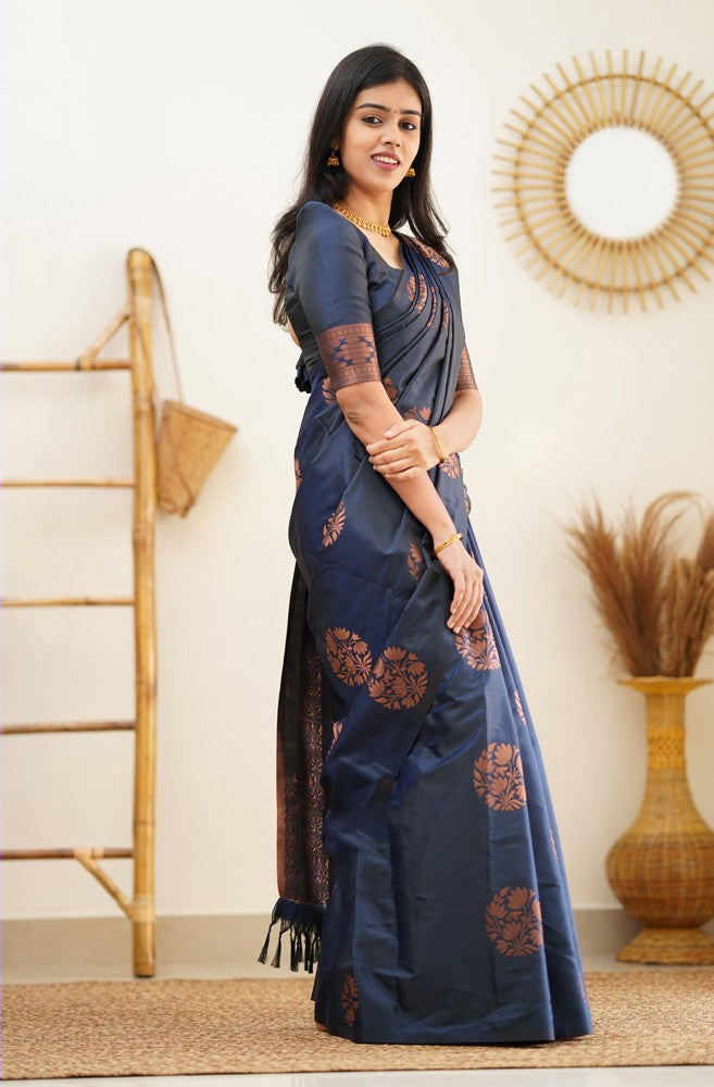 Most Flattering Navy Blue Soft Silk Saree With Breathtaking Blouse Piece