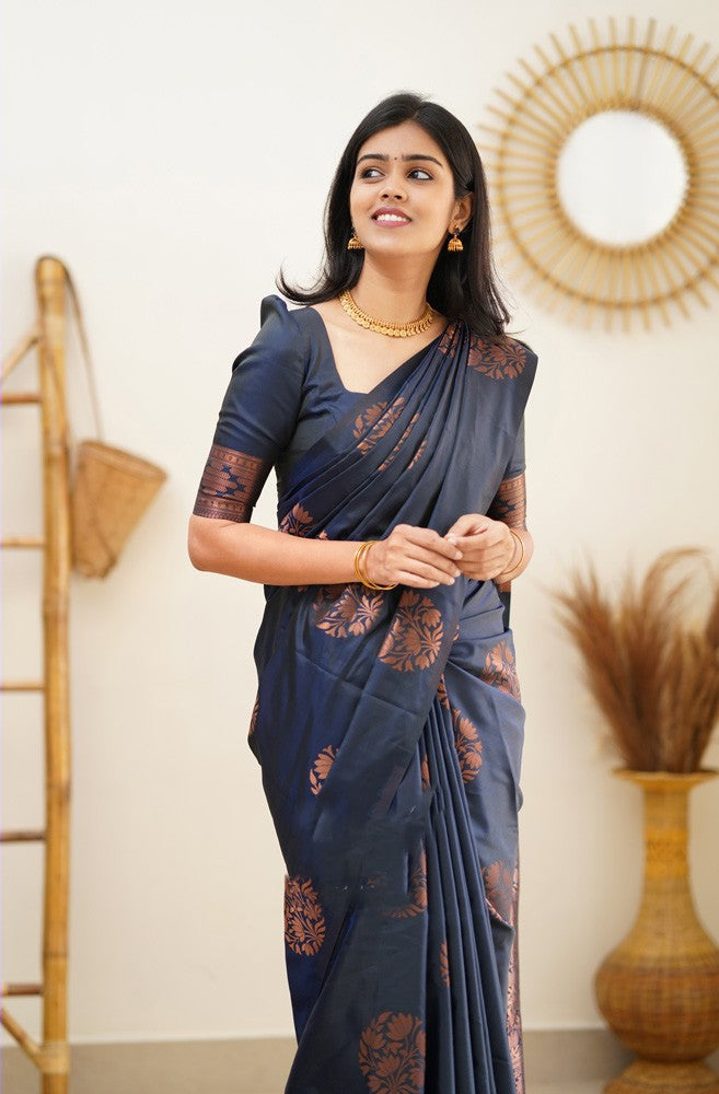 Most Flattering Navy Blue Soft Silk Saree With Breathtaking Blouse Piece