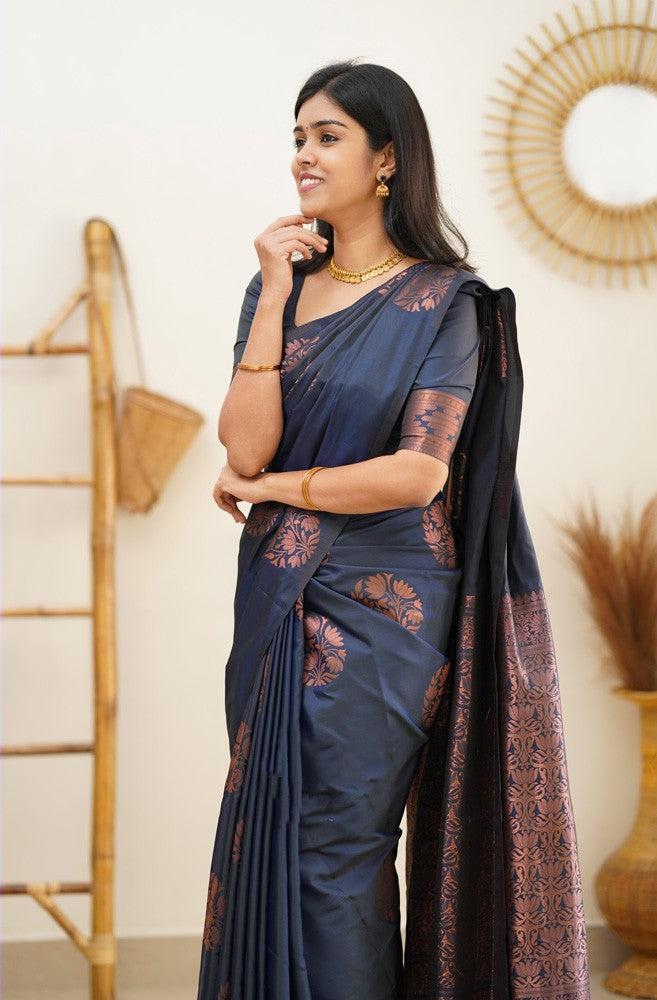 Most Flattering Navy Blue Soft Silk Saree With Breathtaking Blouse Piece