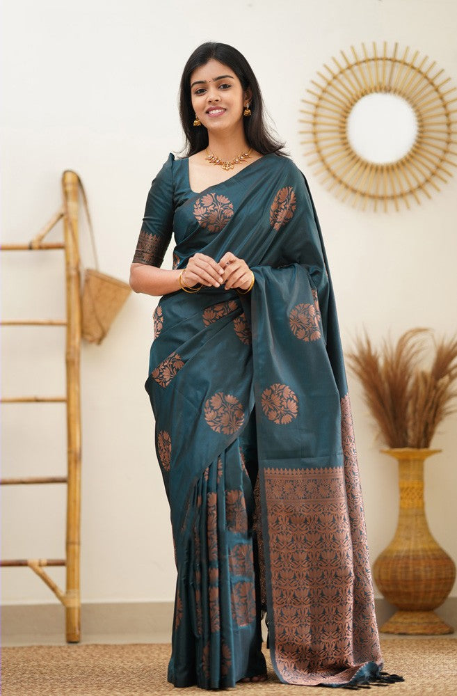 Delightful Rama Soft Silk Saree With Incredible Blouse Piece