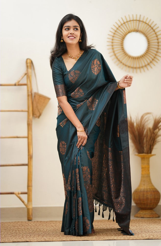 Delightful Rama Soft Silk Saree With Incredible Blouse Piece