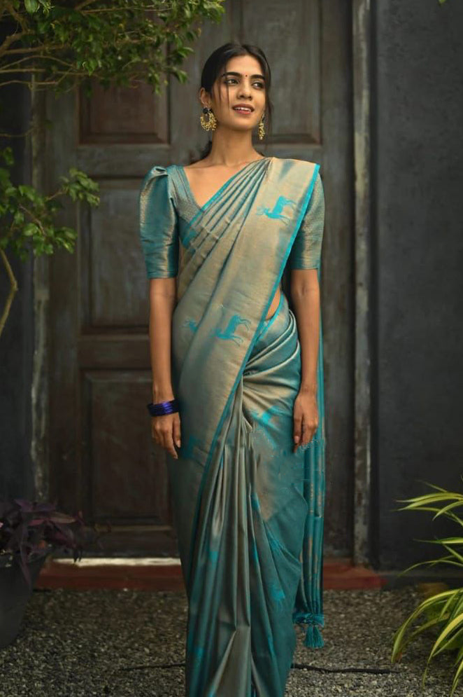 Embellished Sky Soft Silk Saree With Woebegone Blouse Piece