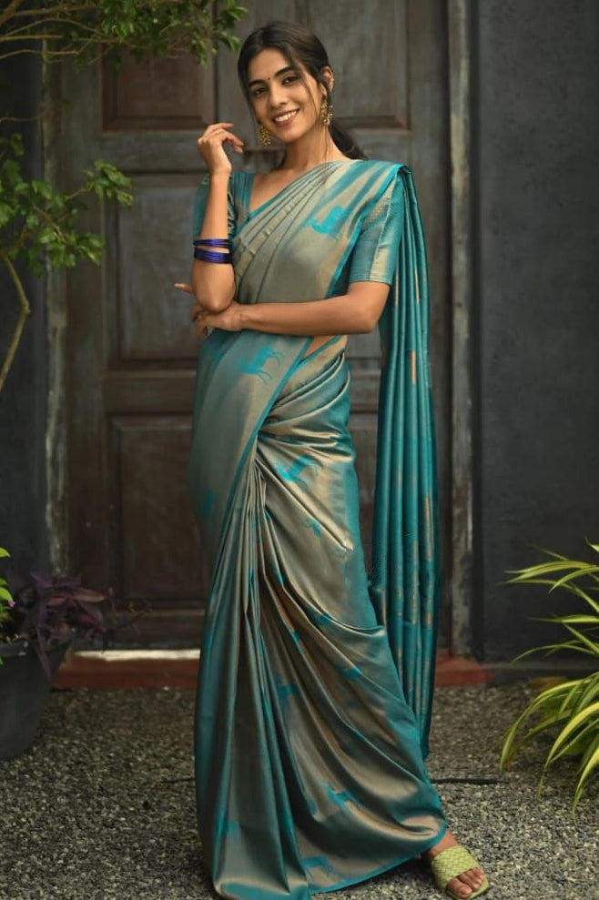 Embellished Sky Soft Silk Saree With Woebegone Blouse Piece