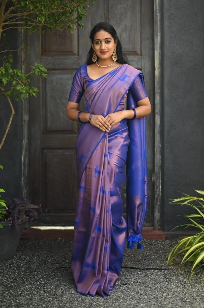 Ineffable Royal Blue Soft Silk Saree With Verdant Blouse Piece