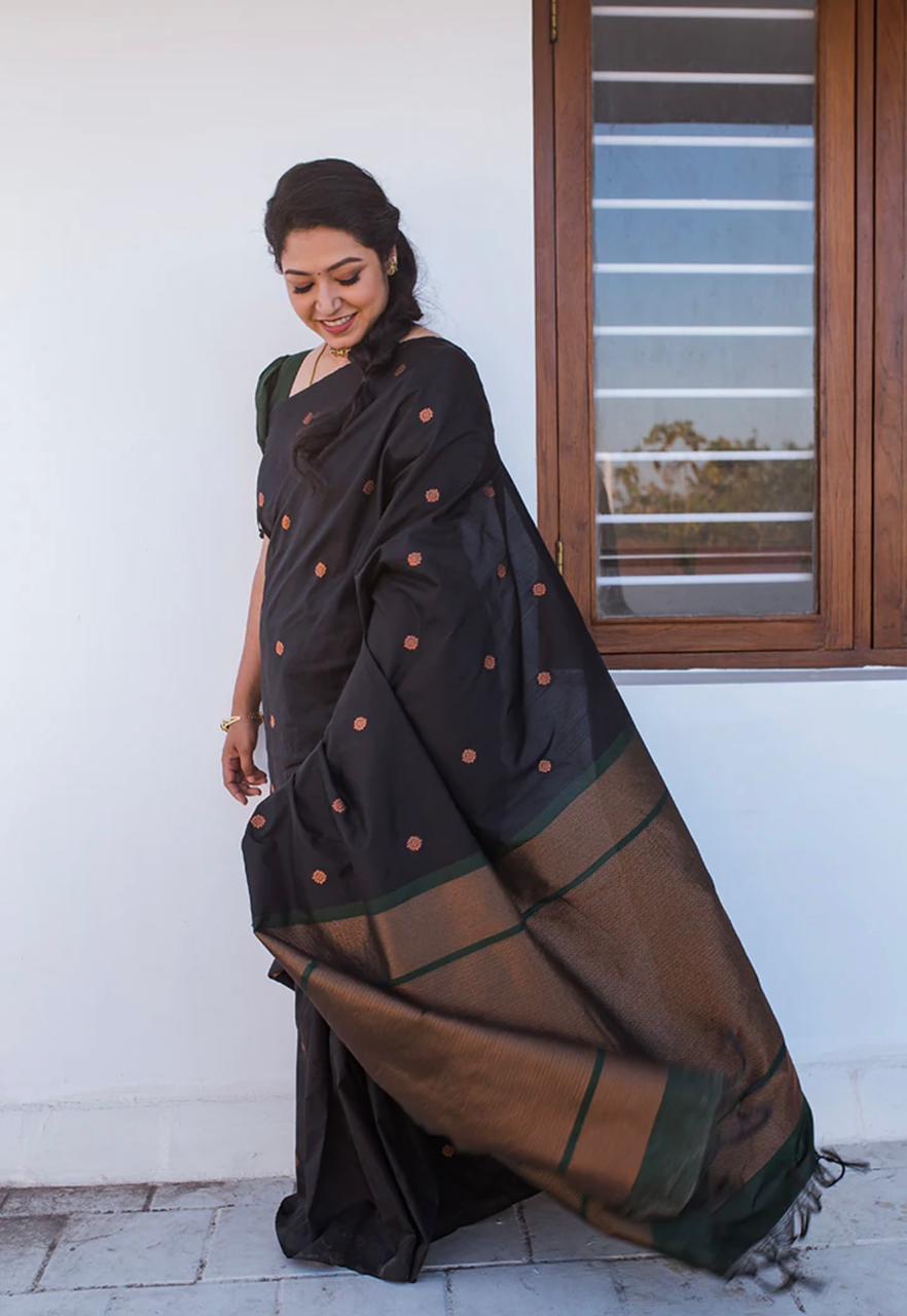 Sophisticated Black Soft Silk Saree With Confounding Blouse Piece