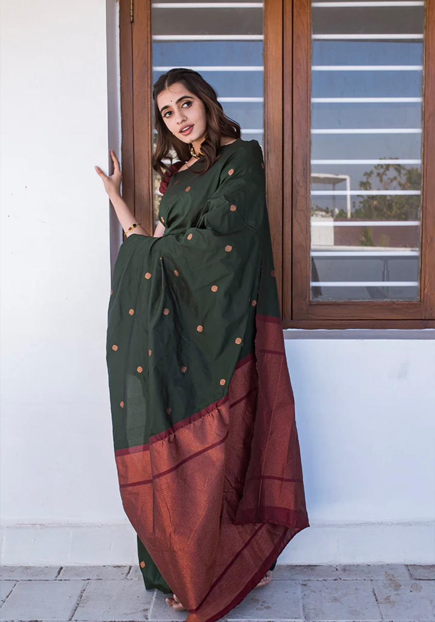 Amazing Dark Green Soft Silk Saree With Jazzy Blouse Piece