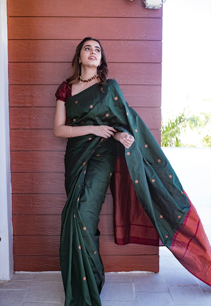 Amazing Dark Green Soft Silk Saree With Jazzy Blouse Piece