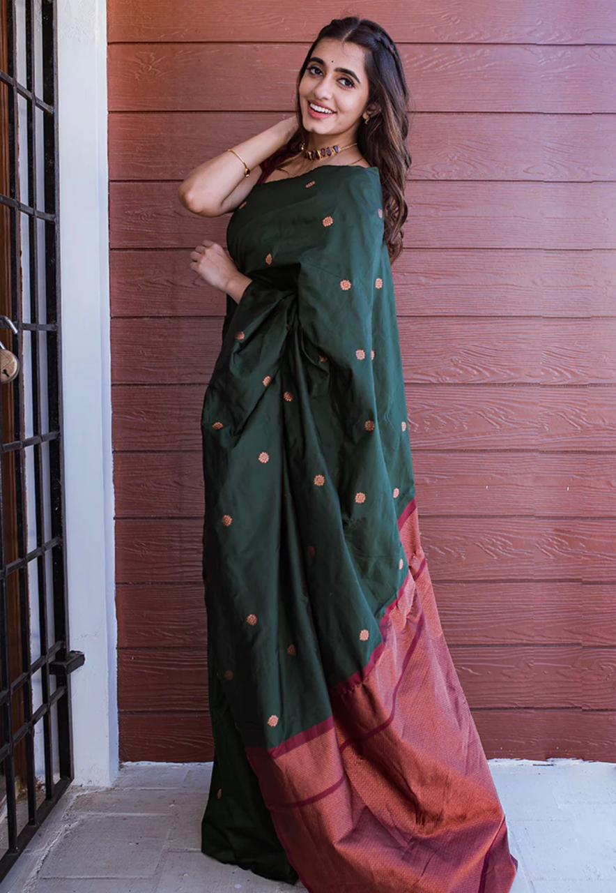 Amazing Dark Green Soft Silk Saree With Jazzy Blouse Piece