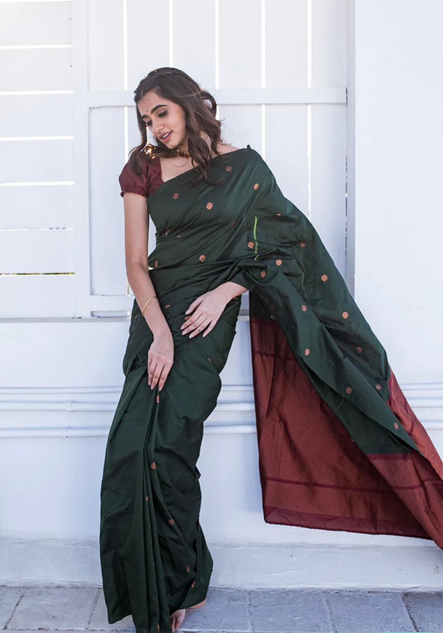 Amazing Dark Green Soft Silk Saree With Jazzy Blouse Piece