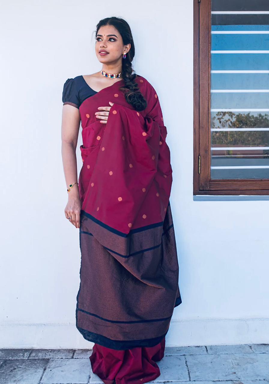 Trendy Wine Soft Silk Saree With Pleasurable Blouse Piece