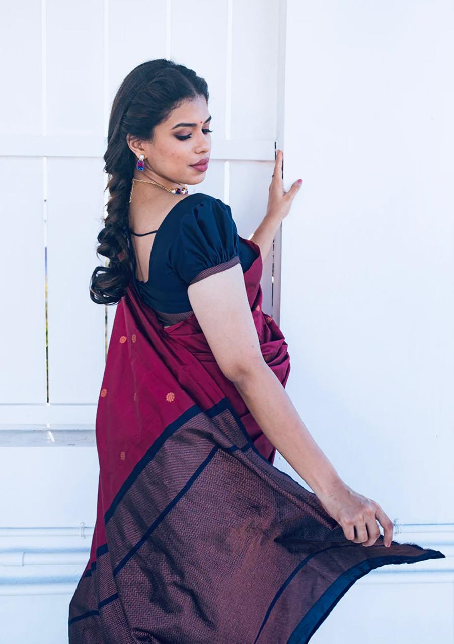 Trendy Wine Soft Silk Saree With Pleasurable Blouse Piece