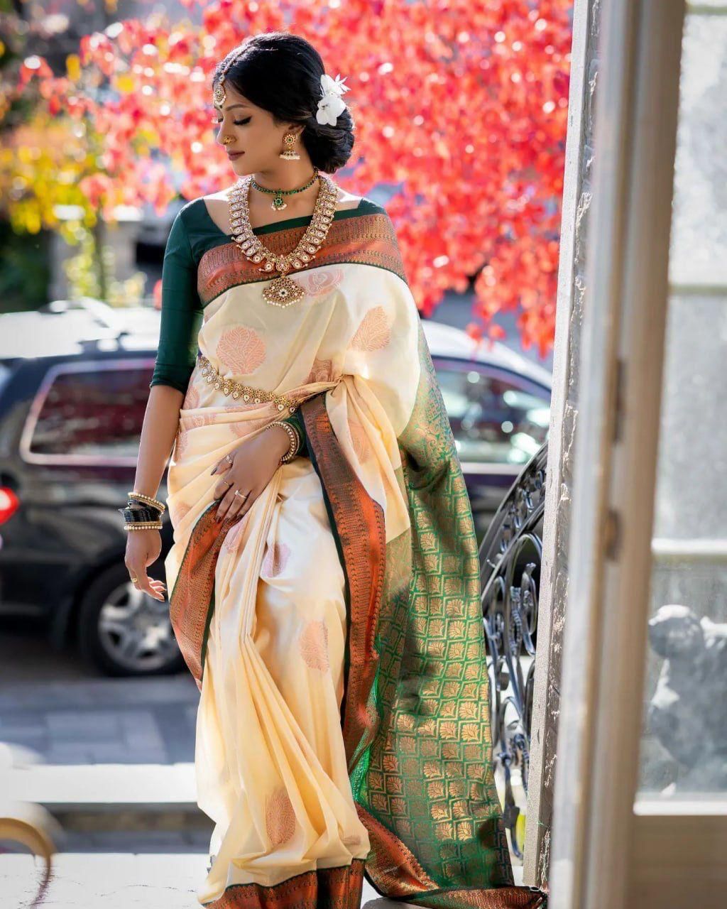 Mellifluous Beige Soft Silk Saree With Devastating Blouse Piece