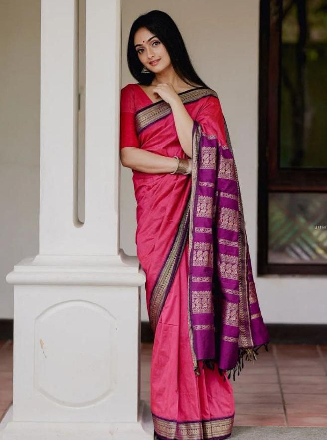 Elaborate Pink Soft Banarasi Silk Saree With Demanding Blouse Piece