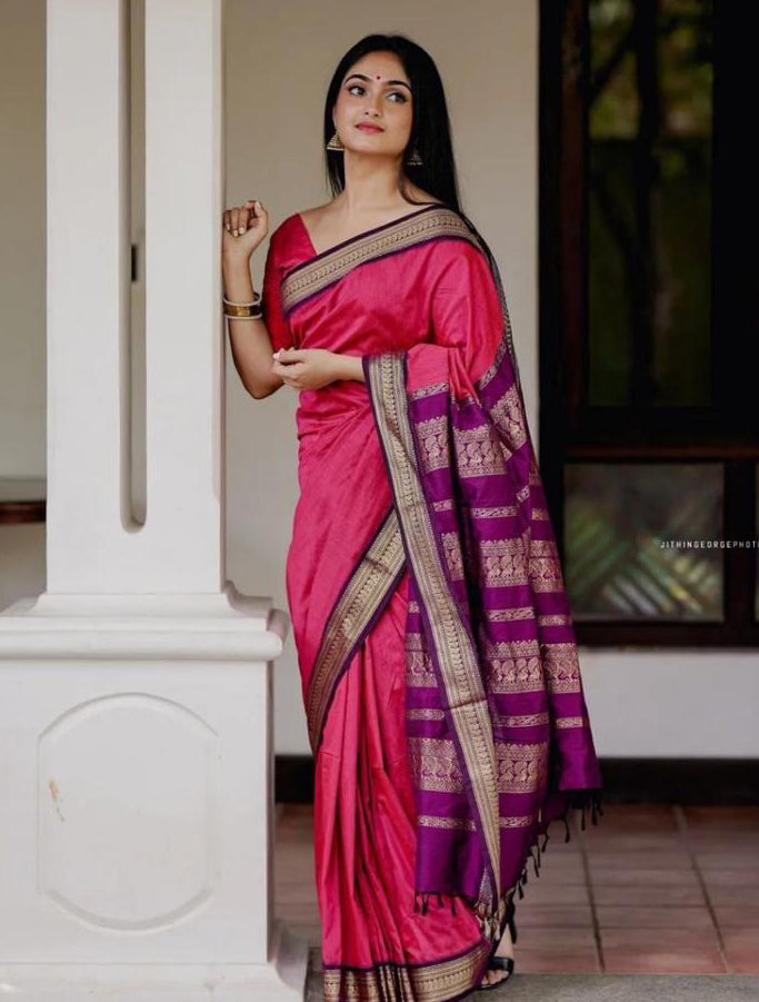 Elaborate Pink Soft Banarasi Silk Saree With Demanding Blouse Piece