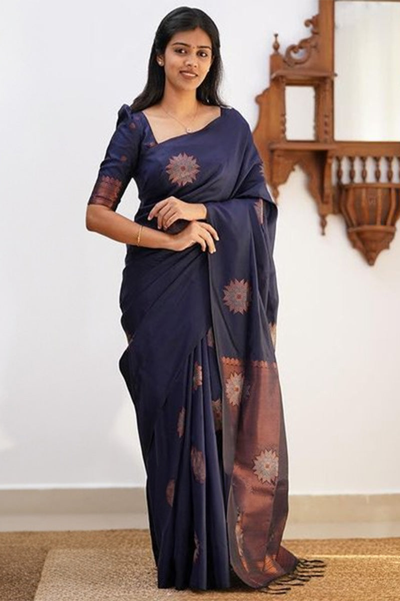 Allure Navy Blue Soft Silk Saree With Impressive Blouse Piece