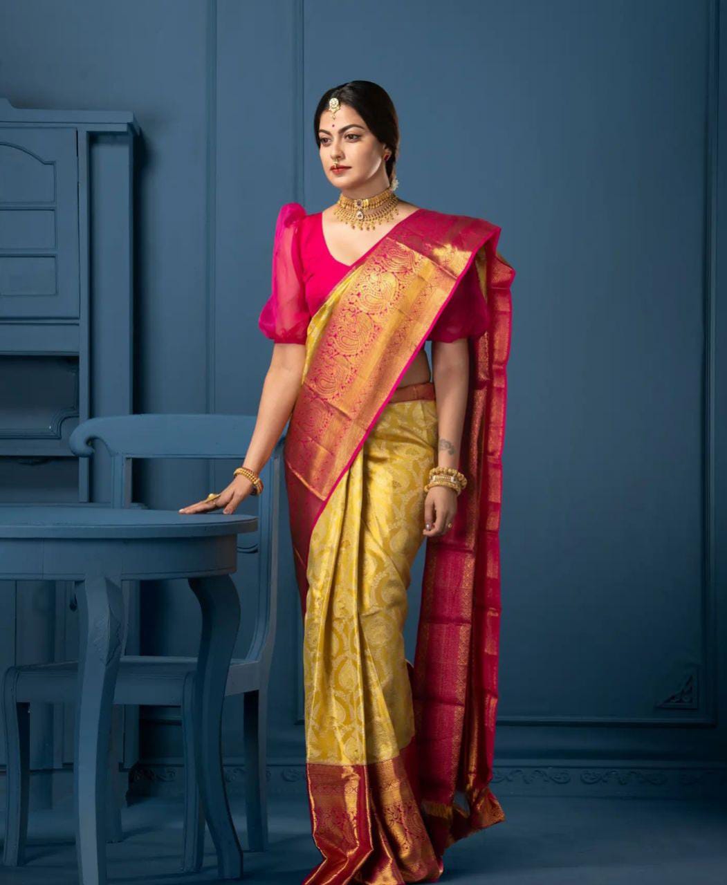 Denouement Yellow Soft Silk Saree With Nemesis Blouse Piece