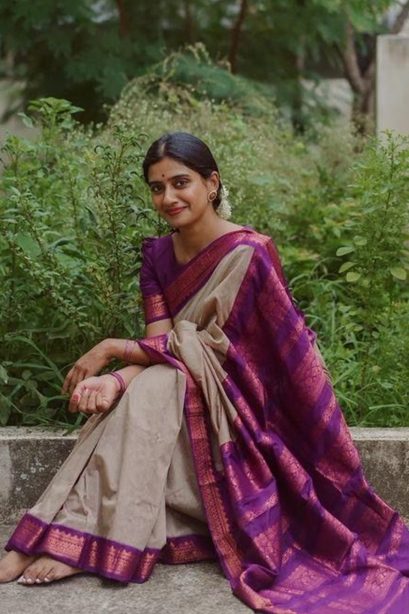 Blooming Beige Soft Silk Saree With Ailurophile Blouse Piece