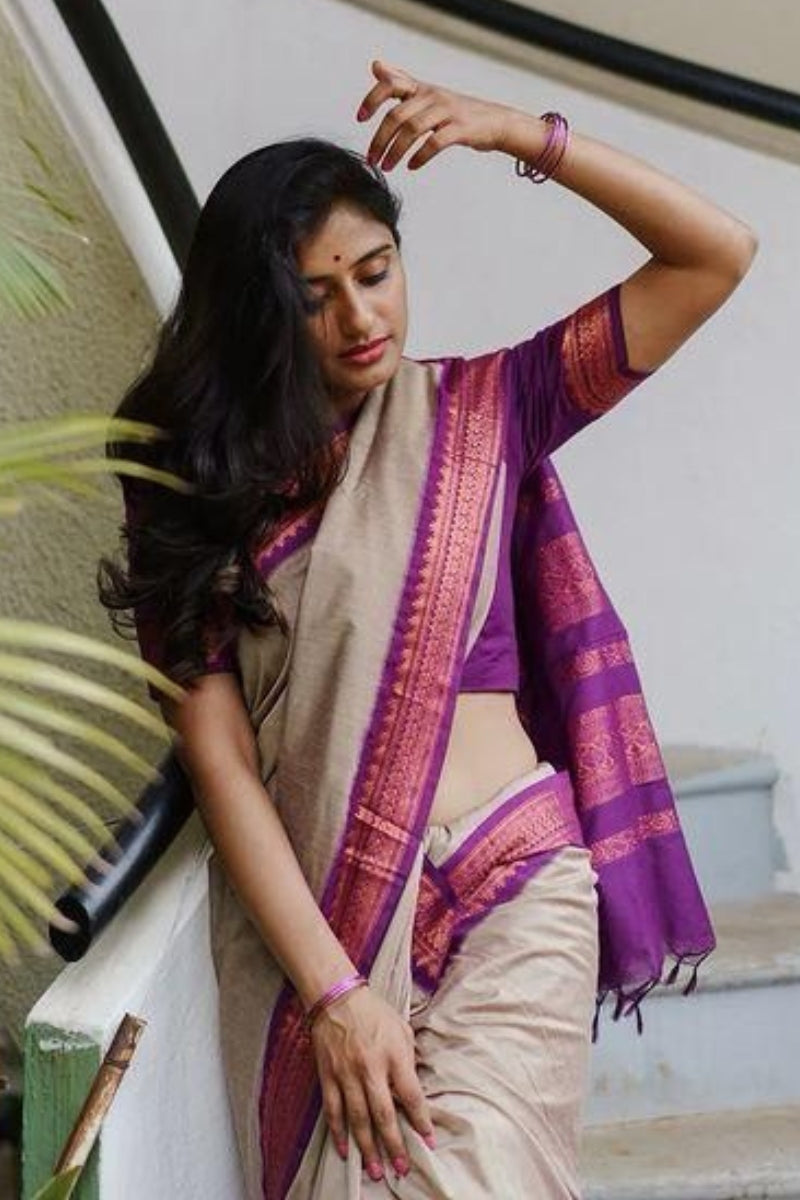 Blooming Beige Soft Silk Saree With Ailurophile Blouse Piece