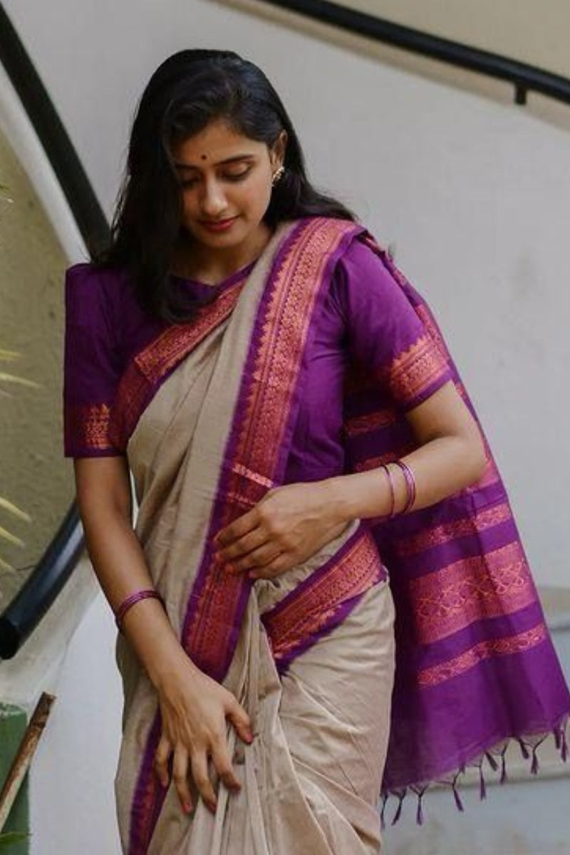 Blooming Beige Soft Silk Saree With Ailurophile Blouse Piece