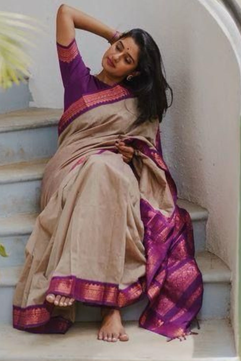 Blooming Beige Soft Silk Saree With Ailurophile Blouse Piece