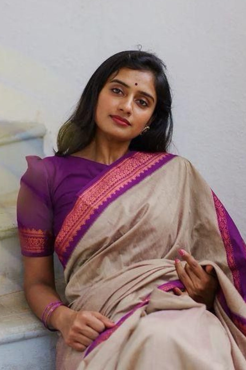 Blooming Beige Soft Silk Saree With Ailurophile Blouse Piece