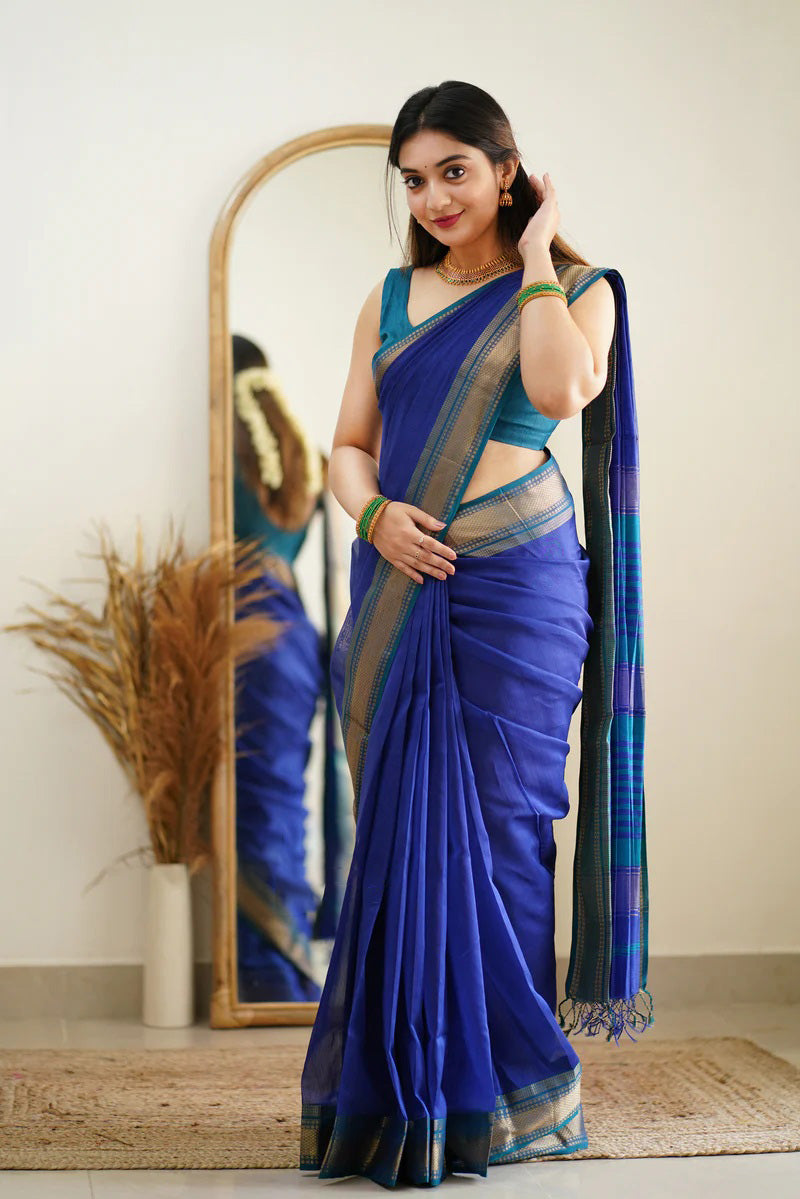 Prettiest Blue Cotton Silk Saree With Chatoyant Blouse Piece