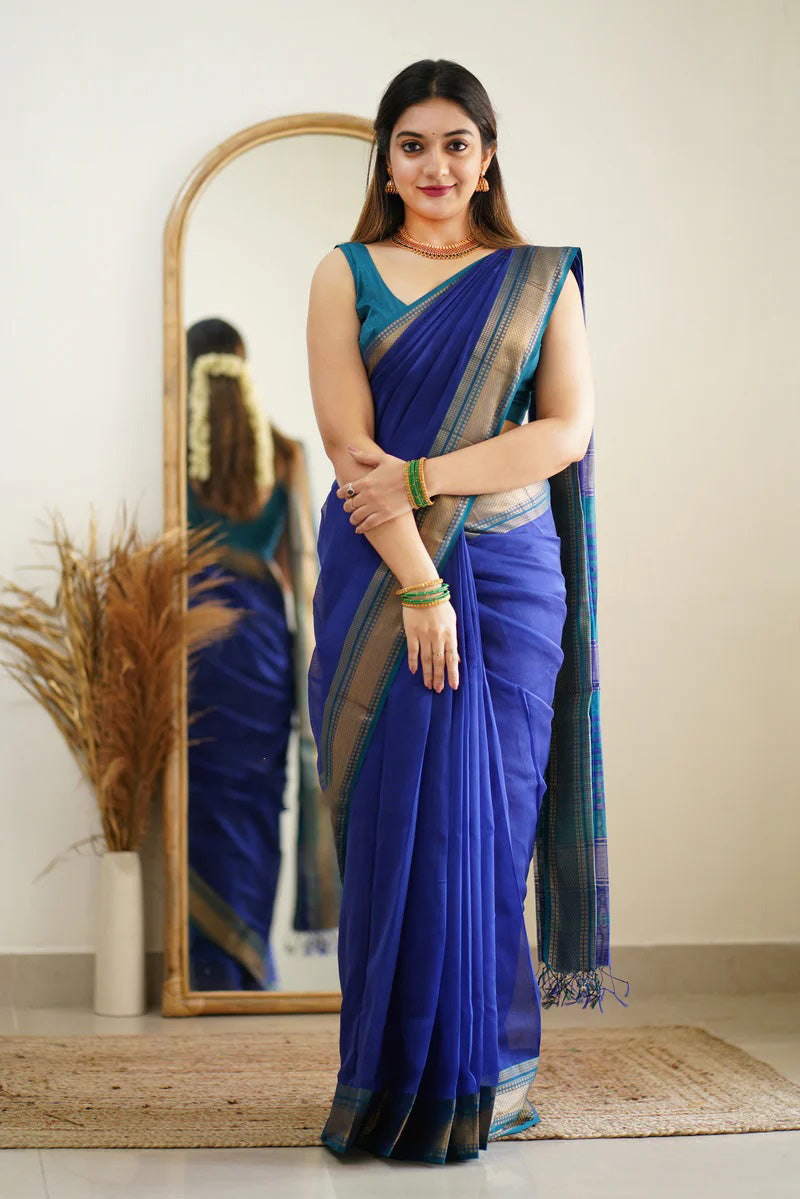 Prettiest Blue Cotton Silk Saree With Chatoyant Blouse Piece