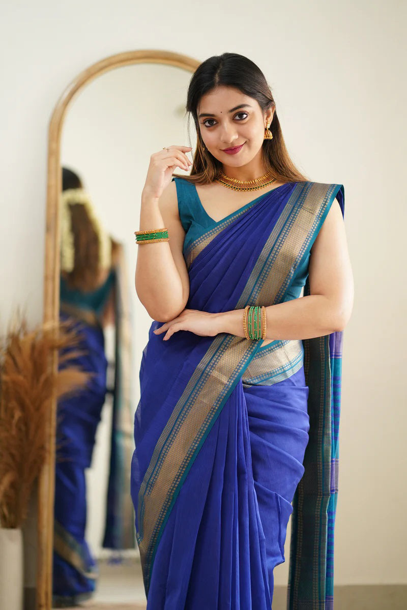 Prettiest Blue Cotton Silk Saree With Chatoyant Blouse Piece