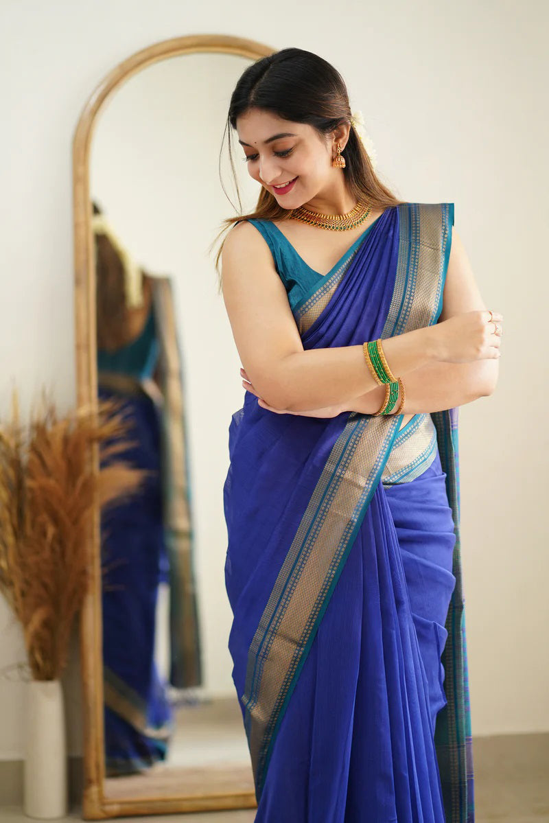 Prettiest Blue Cotton Silk Saree With Chatoyant Blouse Piece