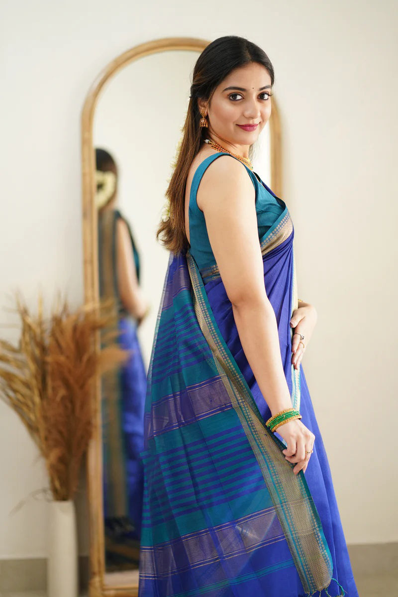 Prettiest Blue Cotton Silk Saree With Chatoyant Blouse Piece