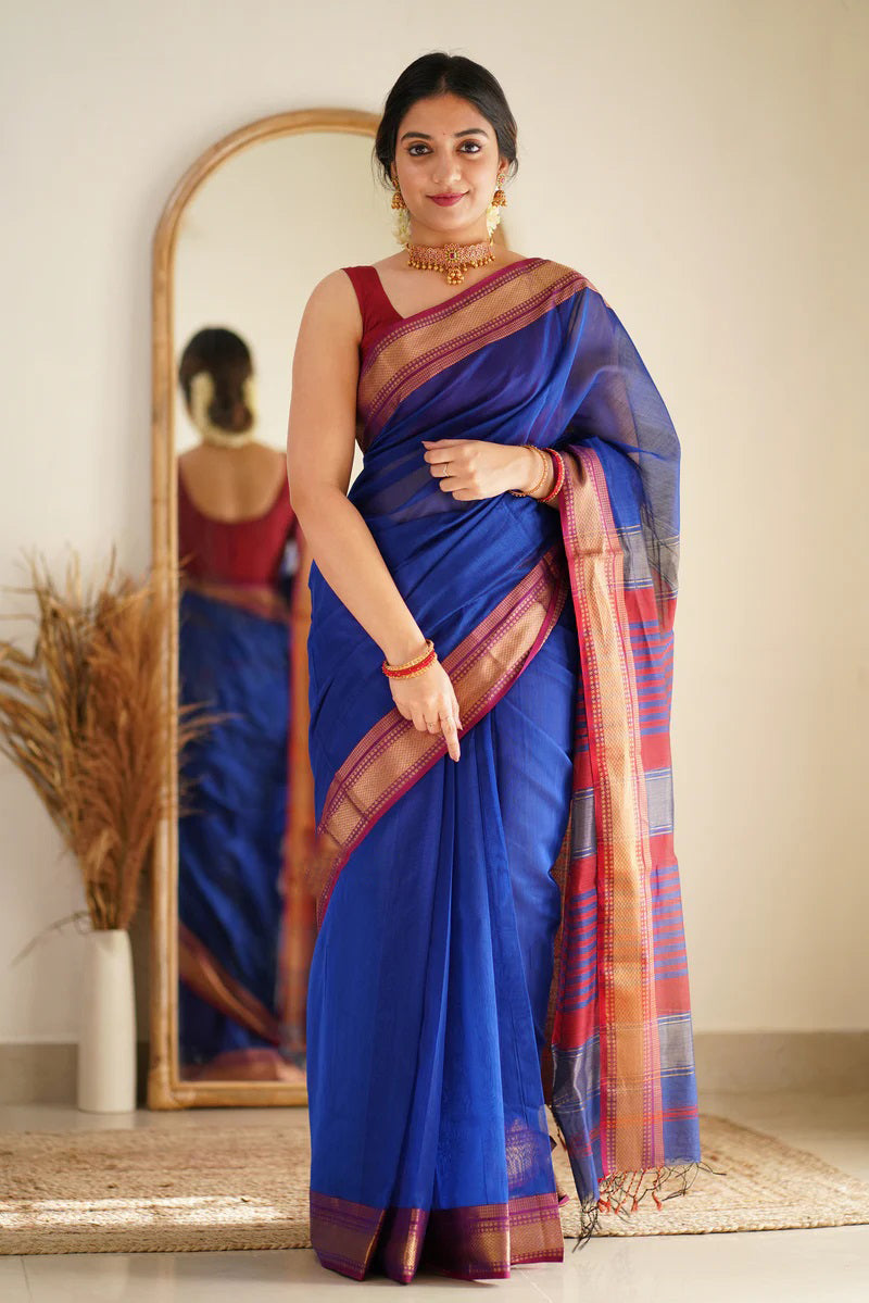 Groovy Royal Blue Cotton Silk Saree With Stylish Blouse Piece