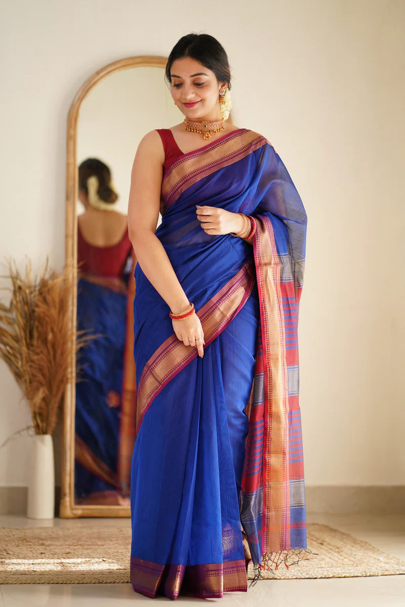 Groovy Royal Blue Cotton Silk Saree With Stylish Blouse Piece