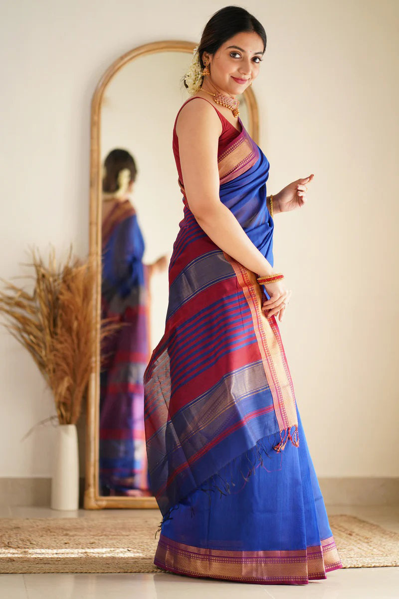 Groovy Royal Blue Cotton Silk Saree With Stylish Blouse Piece