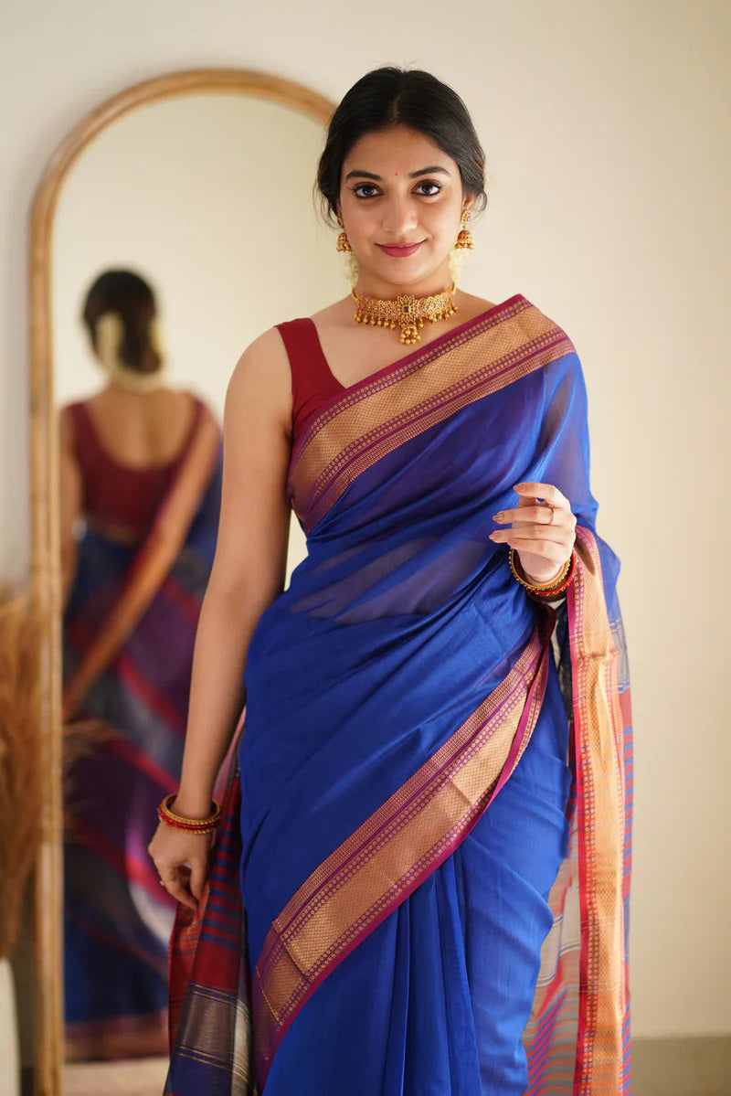 Groovy Royal Blue Cotton Silk Saree With Stylish Blouse Piece