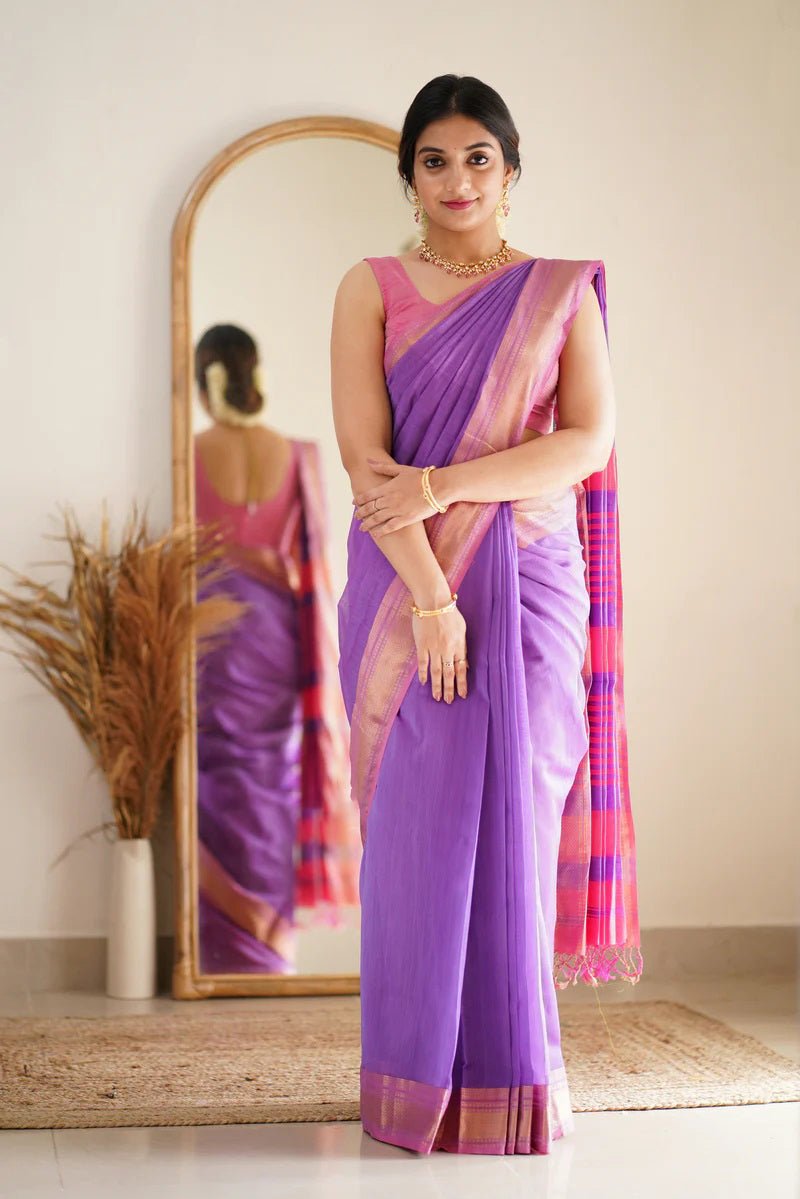 Captivating Lavender Cotton Silk Saree With Beleaguer Blouse Piece