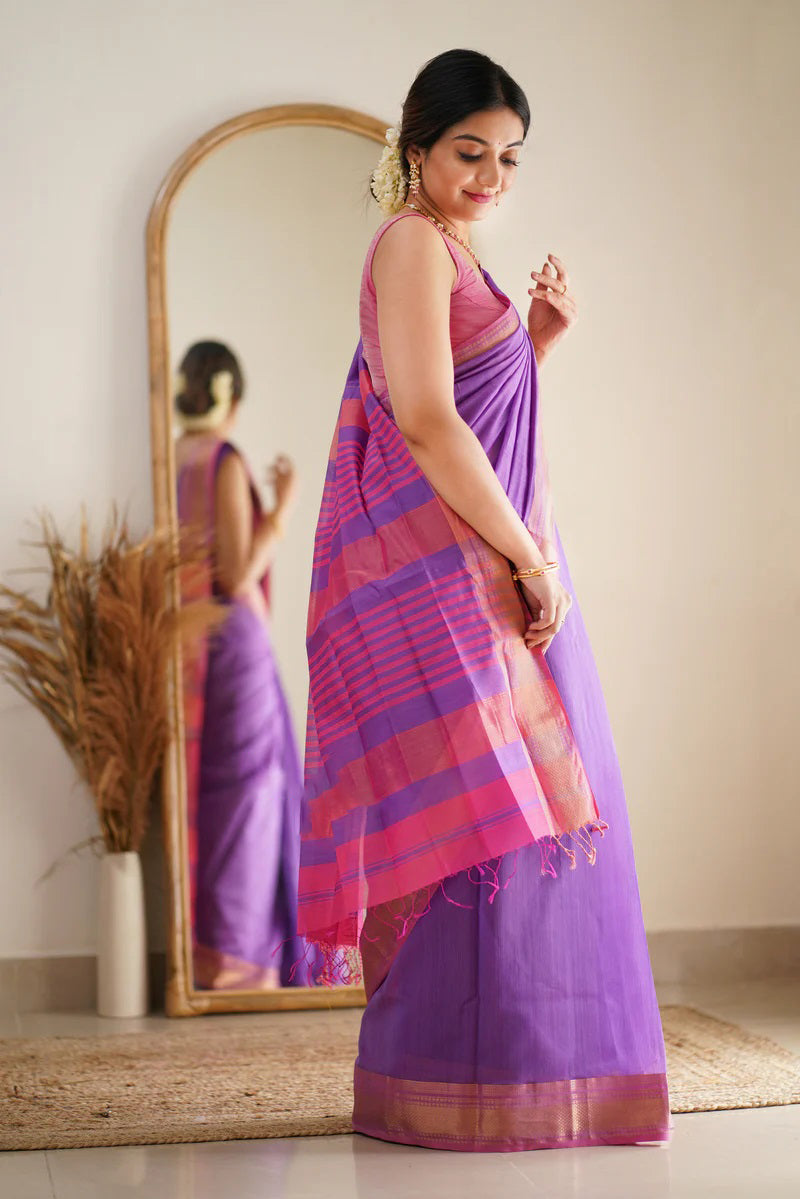 Captivating Lavender Cotton Silk Saree With Beleaguer Blouse Piece