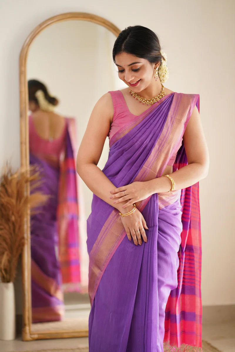 Captivating Lavender Cotton Silk Saree With Beleaguer Blouse Piece